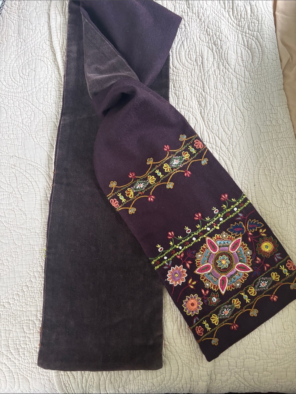 Megan Park Embroidered Floral Velvet Scarf Wrap in Deep Plum and brown velvet